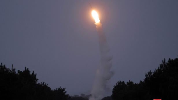 Eine Rakete startet senkrecht in den Himmel und hinterlässt eine leuchtende Rauchspur zwischen Bäumen.