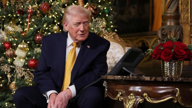 Donald Trump sitzt am Telefon vor einem Weihnachtsbaum und einem Rosenstrauß.