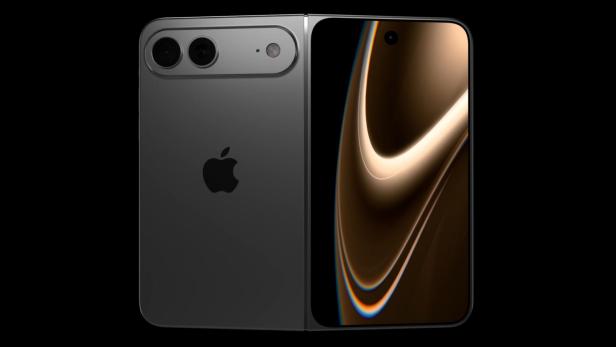 Renderbild eines aufgeklappten faltbaren iPhones mit zwei Kameras und großem Innendisplay.