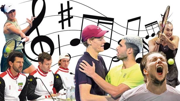 fotomontage mit diversen tennisstars und notenschlüssel