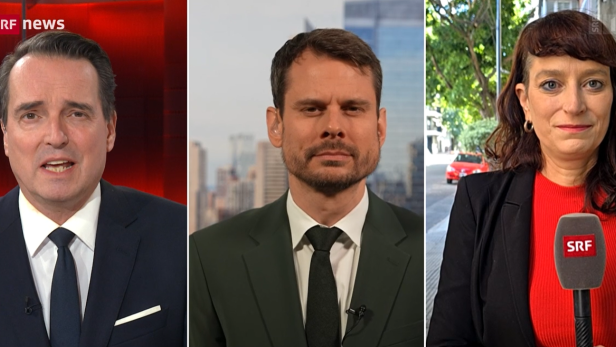 Ein Moderato, ein Auslandskorrespondent und eine Auslandskorrespondentin während einer Live-Sendung