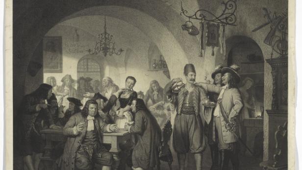 Mehrere Männer in historischer Kleidung sitzen und stehen in einer belebten Schenke, während Bedienstete Getränke servieren.