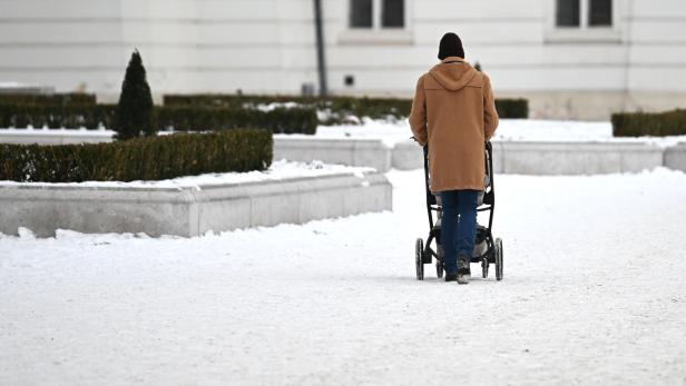 Eine Person schiebt einen Kinderwagen auf einem verschneiten Weg in einer Parkanlage.