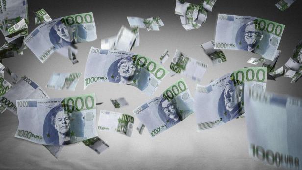Viele 1000-Euro-Scheine mit verschiedenen Porträts wirbeln durch die Luft und symbolisieren die Debatte um Staatsverschuldung und das Unwort „Sondervermögen“.