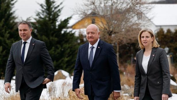 Austrian ruling coalition's leaders speak to reporters before meeting