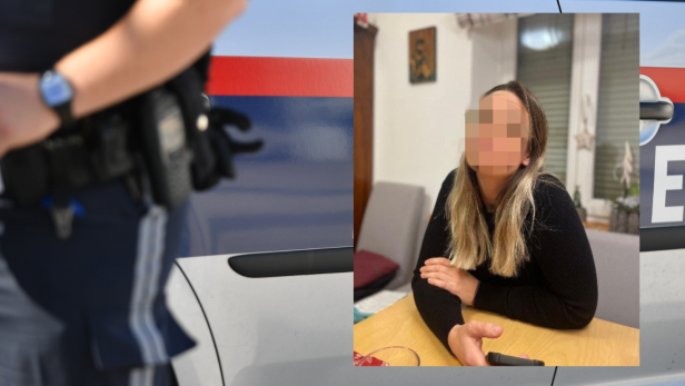 Eine verpixelte Frau vor einem Polizeiauto