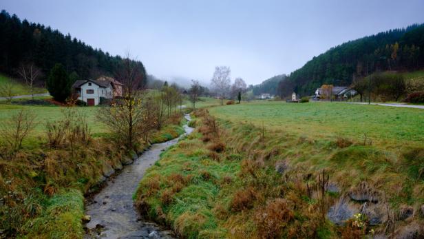 Ein schmaler Bach fließt durch eine grüne Wiese, umgeben von Häusern und bewaldeten Hügeln unter bewölktem Himmel.