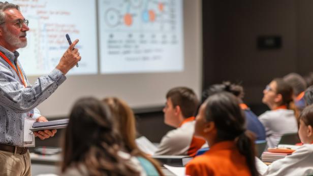 Ein Dozent mit Stift erklärt ein Diagramm vor einem Publikum in einem Hörsaal.