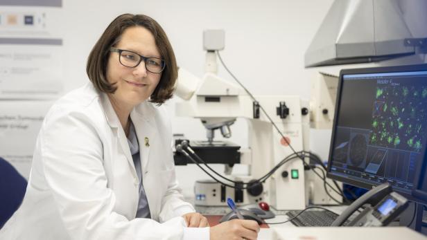 Person in weißem Laborkittel sitzt an Schreibtisch mit Mikroskop und Computerbildschirm mit wissenschaftlichen Grafiken