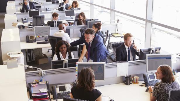 Mehrere Menschen arbeiten an Schreibtischen mit Computern in einem modernen Großraumbüro mit großen Fenstern.