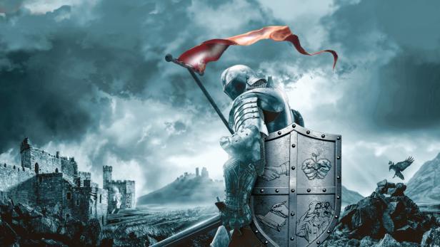 Medieval Knight With Banner and Sword Standing Near Burning Castle