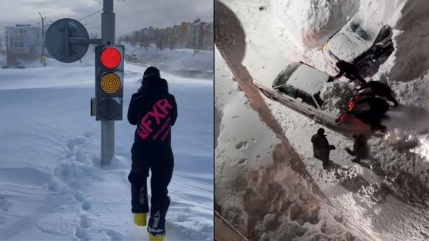 Menschen kämpfen in Petropawlowsk-Kamtschatski mit extremen Schneemassen, während Autos und Straßen nahezu vollständig eingeschneit sind.