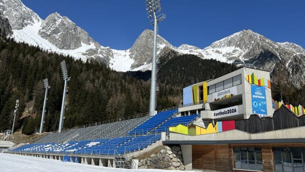 Biathlon-Arena in Antholz, Italien.