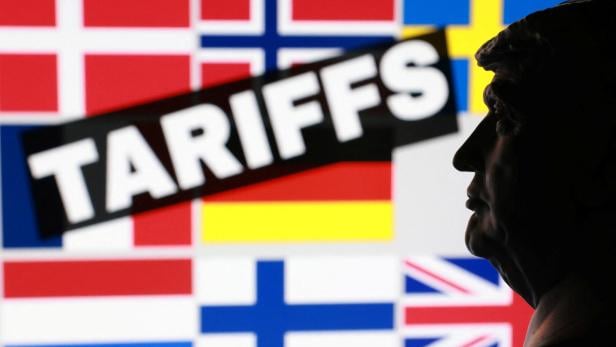 Illustration shows 3D-printed miniature model of U.S. President Donald Trump and flags of eight European countries