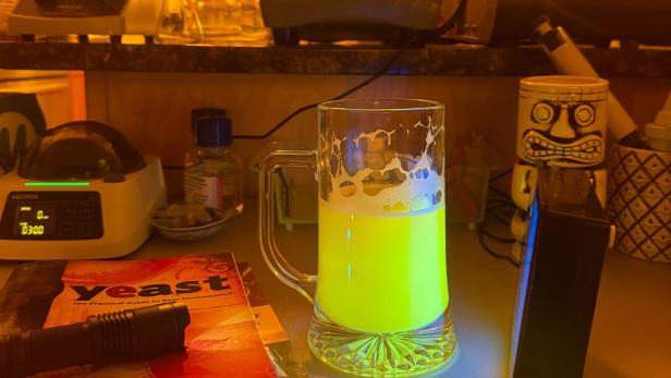 ein Bierkrug mit Neongelber Füllung umgeben von Laborequipment