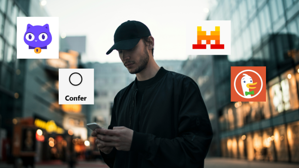 Ein Mann mit Handy im Hintergrund, dazu vier App-Logos.