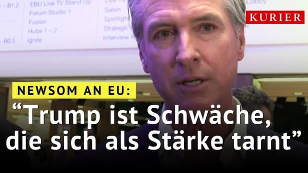 Text: NEWSOM AN EU: "Trump ist Schwäche, die sich als Stärke tarnt" im Hintergrund ist Gavon Newsom in Davos zu sehen