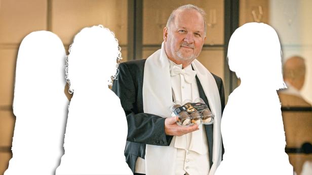 Ein Mann im Frack hält eine Packung Schaumrollen, umgeben von drei ausgeschnittenen Silhouetten.