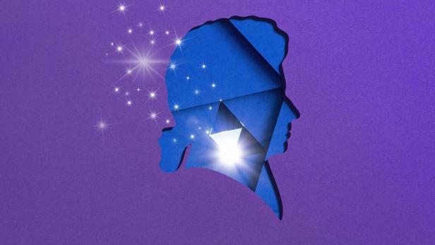 Blaues Mozart-Profil mit Sternen im Hintergrund