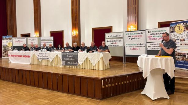 Eine Aufnahme von den Sprecherinnen und Sprechern des Protestes gegen den Gesundheitspakt an einer langen Tafel sitzend.