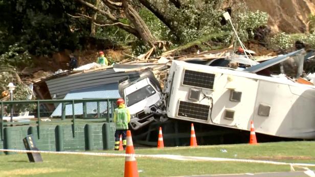 Aftermath of a landslide at a campsite triggered by heavy rains, in Mount Maunganui