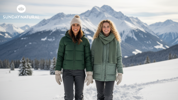 Zwei Frauen in Winterkleidung stehen lächelnd vor verschneiten Bergen im Sonnenschein.