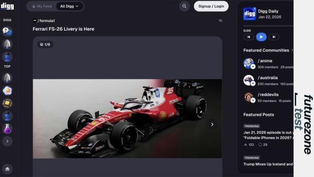 Screenshot der Digg-Beta-App mit einem Beitrag zum Ferrari FS-26 Formel-1-Auto.
