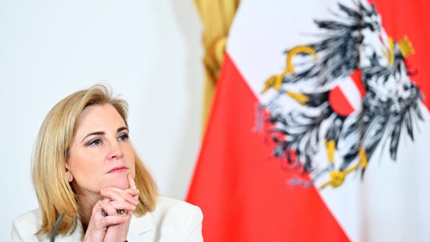 Eine Frau mit blondem Haar sitzt nachdenklich vor einer österreichischen Flagge mit Bundesadler.