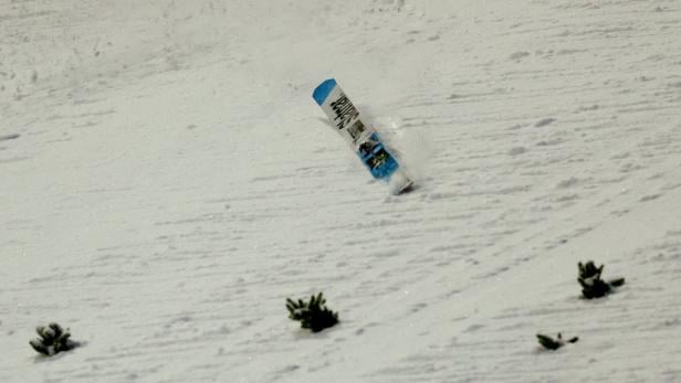 Ein Ski mit der Aufschrift "Stalmar" steckt schräg im Schnee, umgeben von kleinen Tannen.