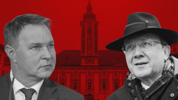 SPÖ-Chef Andreas Babler und St. Pöltens SPÖ-Bürgermeister Matthias Stadler freigestellt vor einem Bild des Rathauses von St. Pölten