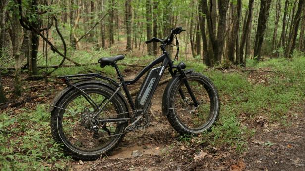 Ein Mountainbike steht auf einem schlammigen Pfad im dichten grünen Wald.