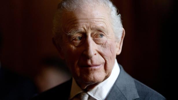 König Charles im Anzug blickt nach rechts, der Hintergrund ist dunkel und unscharf.