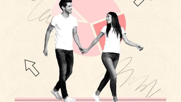 Exclusive artwork banner creative collage of happy businesswoman businessman stand diagram icon development progress gears