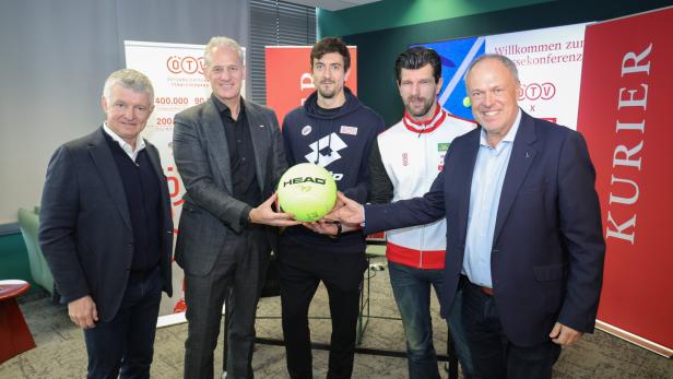 Treffen beim KURIER: ÖTV-Geschäftsführer Thomas Schweda, ÖTV-Boss Martin Ohneberg, Jürgen Melzer, Sebastian Ofner und KURIER-Geschäftsführer Richard Grasl