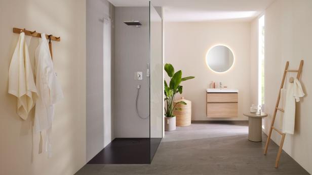 Blick in ein Badezimmer mit Dusche und Waschtisch