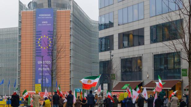 Supporters of the National Council of Resistance of Iran rally in Brussels to urge the EU to blacklist the Islamic Revolutionary Guard Corps RGC as a terrorist organization
