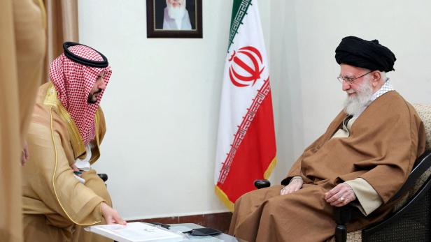FILE PHOTO: Iran's Supreme Leader Ayatollah Ali Khamenei meets Saudi Defence Minister Prince Khalid bin Salman in Tehran