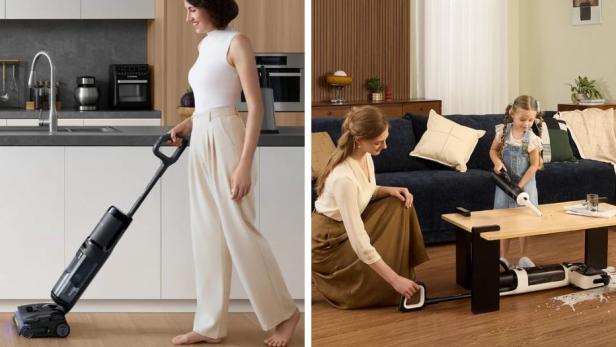 Zwei Frauen wischen mit einem Nass- und Trockensauger den Boden auf.