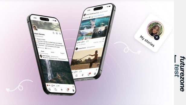 Zwei Smartphones zeigen die Benutzeroberfläche der UpScrolled-App mit Profil- und Feed-Ansicht.
