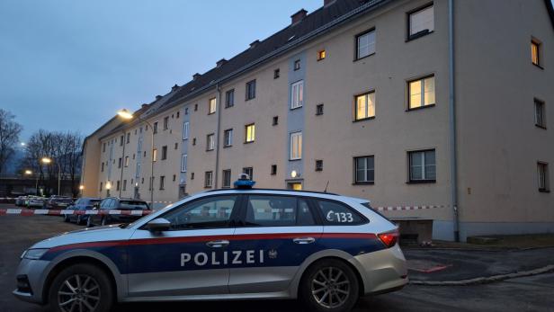 Polizeiauto in der Dämmerung vor einem Wohnhaus