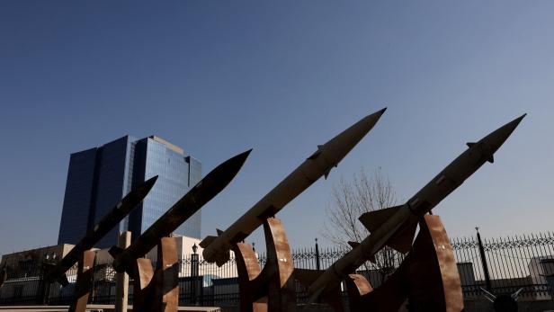 Iranian missiles are displayed in a park in Tehran