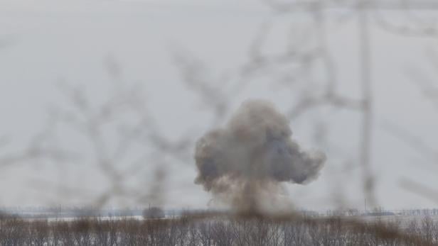 Eine große Rauchwolke steigt hinter einer Baumreihe in einer winterlichen Landschaft auf.