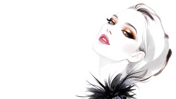 Modeillustration einer Frau mit glamourösem Make-up und schwarzem Federschmuck am Hals.