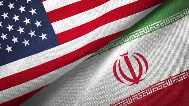 Iran and United States two flags together realations textile cloth fabric texture