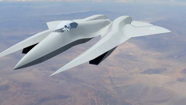 Kampfflugzeug-Konzept SM-39 Razor mit futuristischem Design fliegt über Wüstenlandschaft.