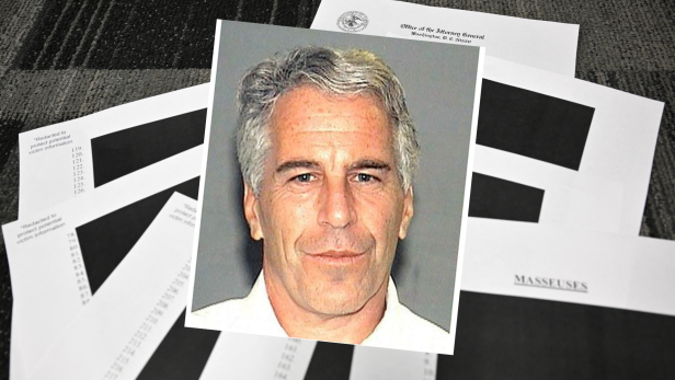 Ein Foto von Jeffrey Epstein vor geschwärzten Akten.