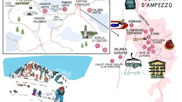 Eine Karte mit Ausflugszielen in Cortina d'Ampezzo