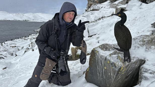 Ein Mann mit Kamera kniet im Schnee neben einem Kormoran auf einem Felsen.