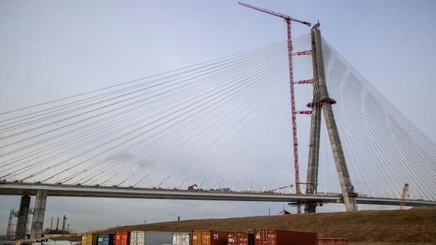 A view of the still-under-construction Gordie Howe International Bridge in Windsor