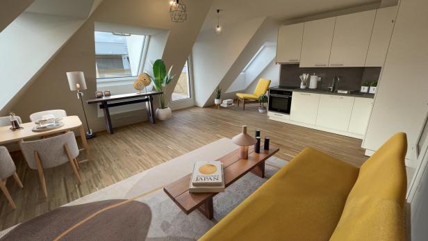 Helles, modern eingerichtetes Wohnzimmer mit gelbem Sofa, Essbereich, offener Küche und großen Fenstern unter Dachschrägen.